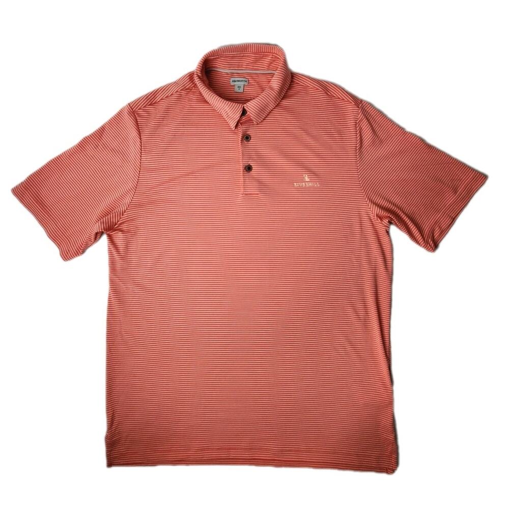 Ashworth Mens Salmon Coral Striped Golf Polo Riverhill Golf Course Logo